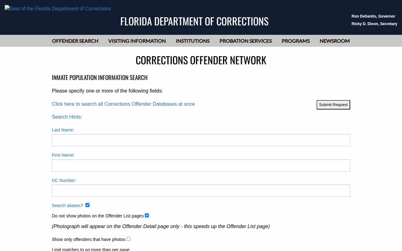 Holmes Correctional Institution offender release search by name and DC number