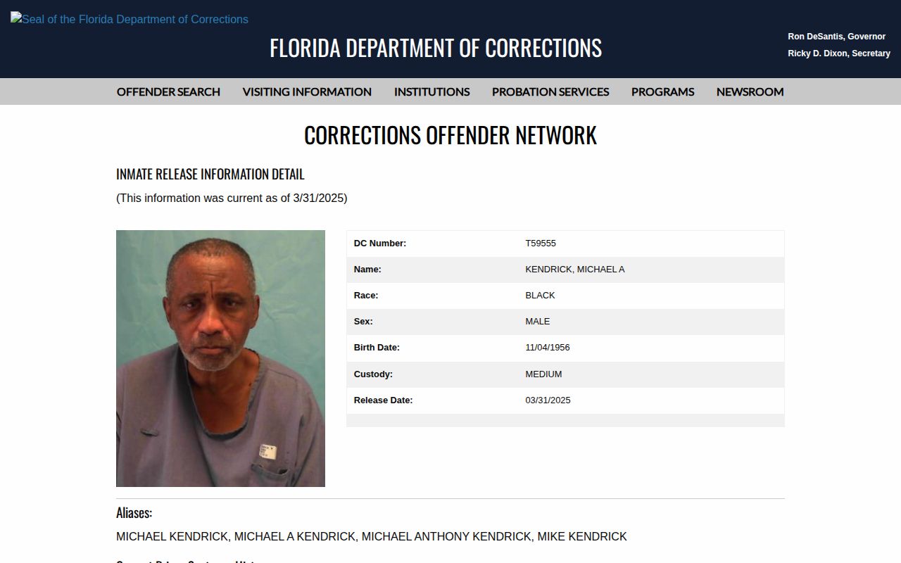 Holmes Correctional Institution released offender Release Date and Date Out-Custody fields