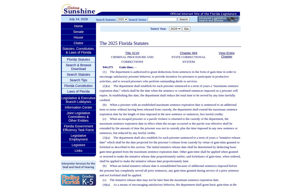 Holmes County projected release date Florida gain-time statute
